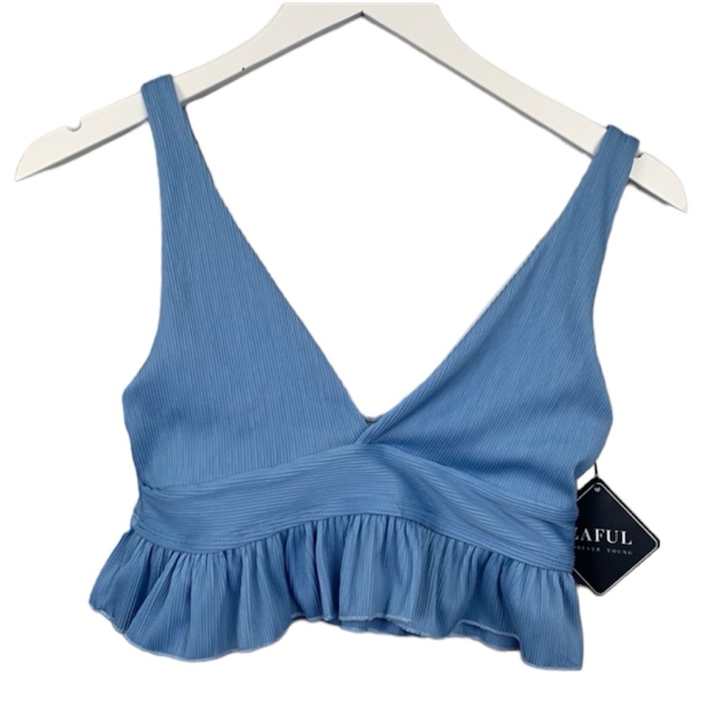 Zaful New NWT Blue V Neck Ruffle Swim Suit Top Size Small